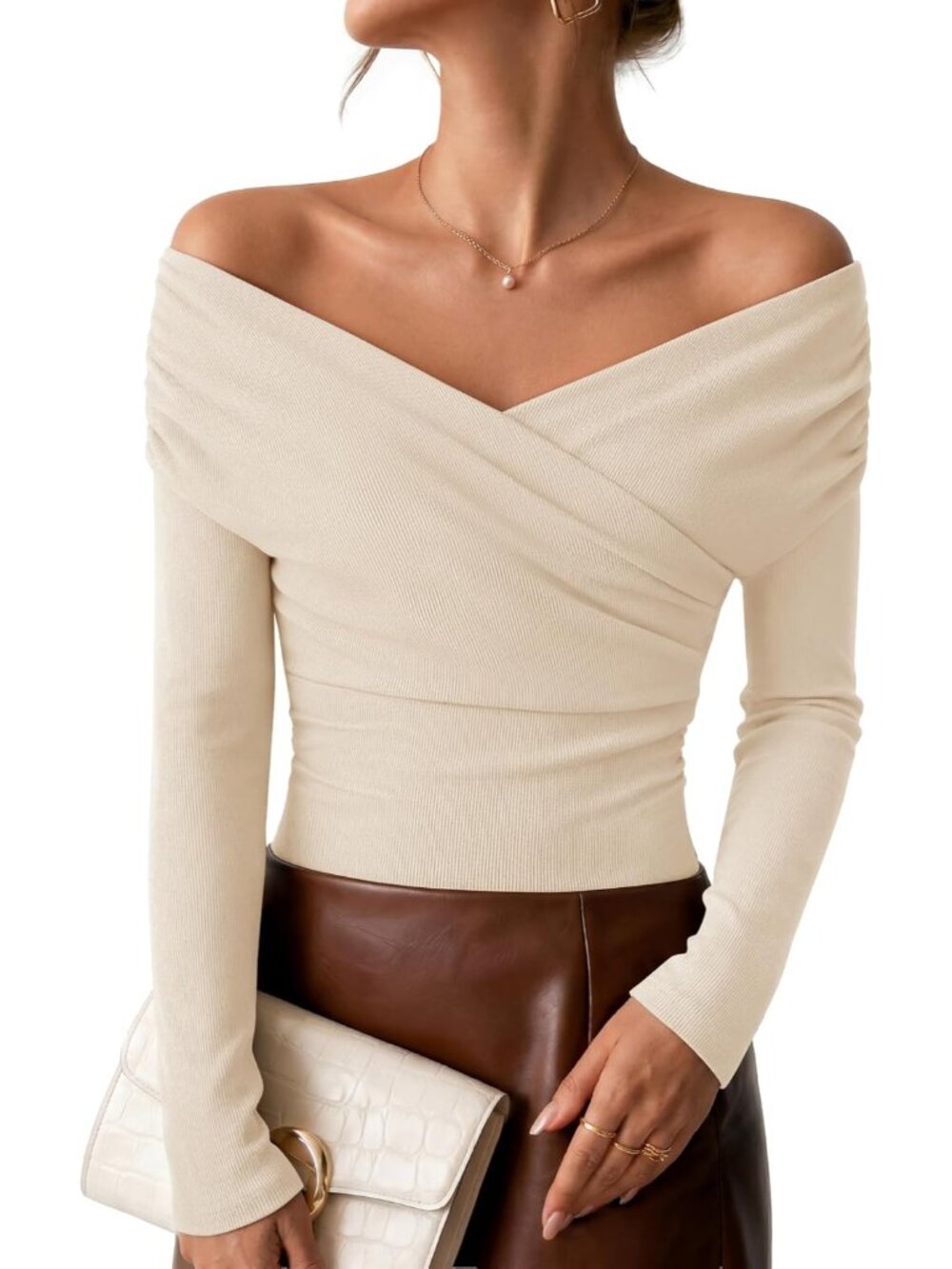 Women's Apricot Off Shoulder Neck Front Ribbed Long Sleeve Casual T-shirt Top